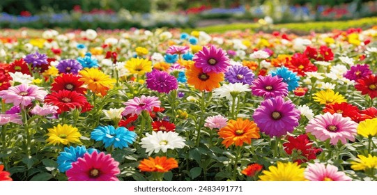 Beautiful spring garden. The green lawn emphasizes the blooming flowers in the garden. A diverse spectrum of colorful flowers, panoramic views of natural beauty - Powered by Shutterstock
