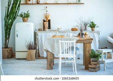 Beautiful Spring Photo Of Kitchen Interior In Light Textured Colors. Kitchen, Living Room With Beige Sofa Sofa, Old Retro White Fridge, Rustic Table, Large Cactus And Woven Macrame On The Wall