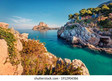 Beautiful spring scenery. Adorable summer view of Santa Elia cape with Zafferano mountain on background. Tranquil water bay on Sicily, Palermo city location, Italy, Europe. 