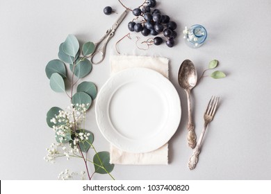 Beautiful Spring Wedding Event Table Set Up With Boho Style Lilac Flower Decoration. Top View Flat Lay