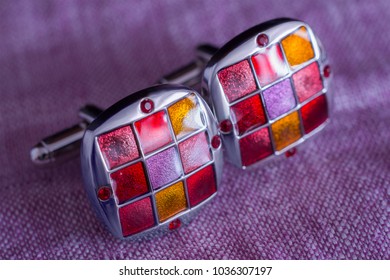 Beautiful Square Cufflinks On Lilac Fabric