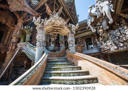 Beautiful staircase at Sanctuary of Truth. The Sanctuary of Truth is a all wood construction located at Pattaya Thailand