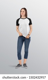 Beautiful Standing Woman Female Model Wearing White And Black Plan Raglan T Shirt In Blue Denim Capri Pant