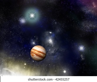 Beautiful star field and nebula with glowing stars and a jupiter - fictional space/scifi scene. - Powered by Shutterstock - Get 15% off with code: PIKWIZARD15