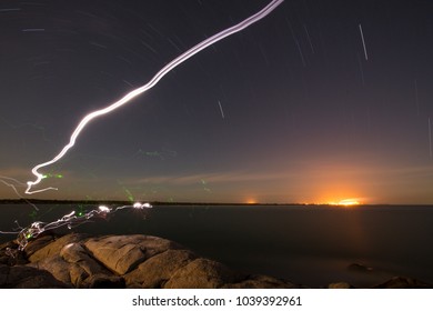 Beautiful Star Trail Of Gove Aluminium Refinery Taking From East Woody Island Northern Territory, Queensland, Australia 