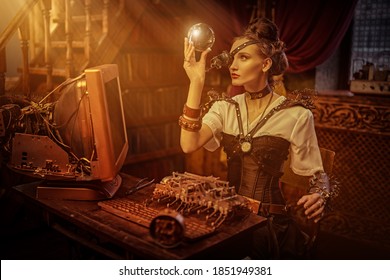 Beautiful steampunk lady scientist inventor works in her laboratory with Victorian interior.  - Shutterstock ID 1851949381