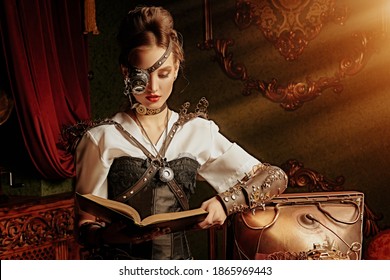 Beautiful steampunk lady scientist stands in her laboratory and reads a book. Victorian vintage interior. 