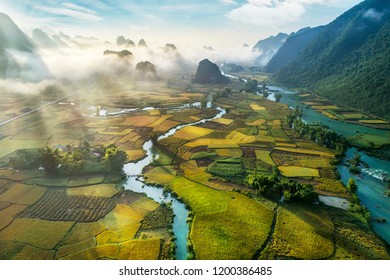 Beautiful step of rice terrace paddle field in sunset and dawn at Trung Khanh, Cao Bang.  Cao Bang is beautiful in nature place in Vietnam, Southeast Asia. Travel concept. Near Mu Cang Chai and sapa