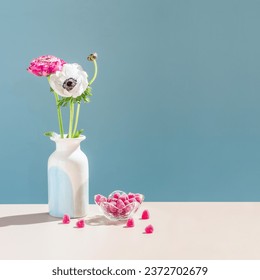 Beautiful still life background . Bouquet Of Pastel Flowers In vase.