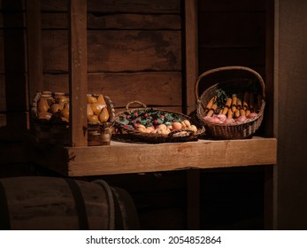 Beautiful Still Life Of Mediterranean Vegetables And Fruits Composed On An Old Wooden Stand. Medieval Appearance, Bilbao Still Life, Artistic Composition Of Fruits And Vegetables.