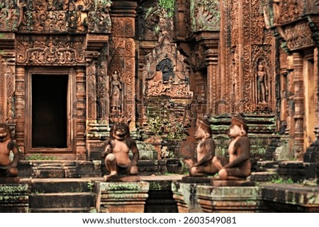 Beautiful stone carving at the Banteay Srei temple in Siem Reap, Cambodia 