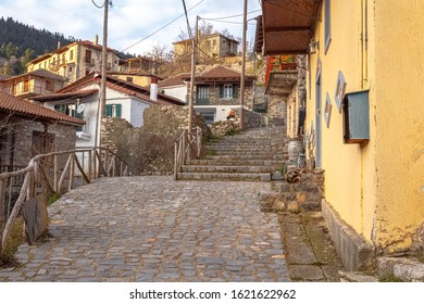 Beautiful stone pavement in mountainous settlement in Elati village, Greece