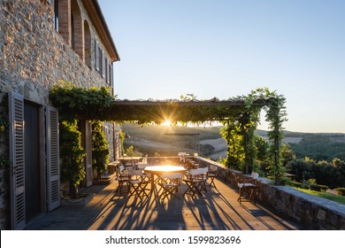 Beautiful Stone Tuscan Villa At Sunrise With Sunburst