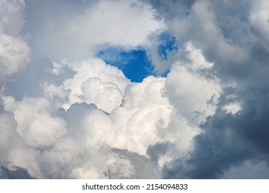 Beautiful Storm Clouds, Cumulus Clouds Or Cumulonimbus Against A Clear Blue Sky. Photography, Full Frame, Sky Only.