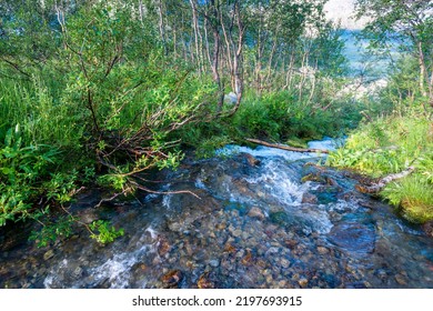 Beautiful Stormy Mountain River Of Emerald And Blue Hues Runs Over Rocks Top View