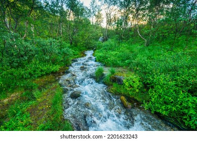 Beautiful Stormy Mountain River Of Emerald And Blue Hues Runs Over Rocks Top View