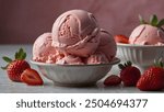 Beautiful Strawberry ice cream scoop in the bowl.