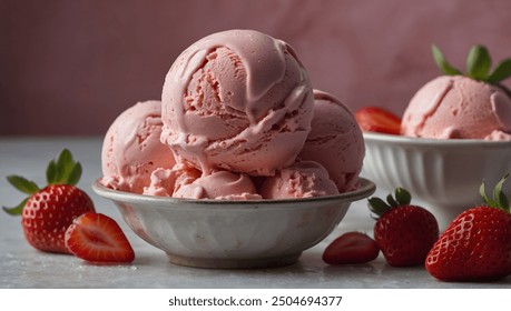 Beautiful Strawberry ice cream scoop in the bowl.