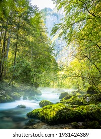 Beautiful Stream Sunbeams in Austria Landscape. Nature Moss River Rock Stone in Mountain Alps.