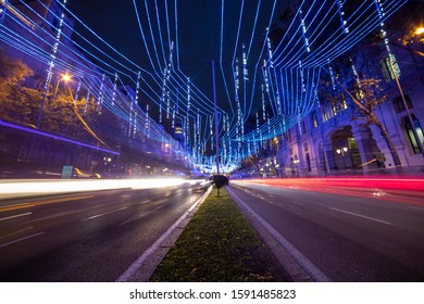 Beautiful Street With Christmas Lights In The Centre Of A City