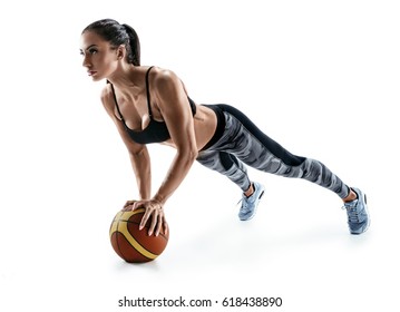 Beautiful Strong Woman Doing Push Up On Ball Isolated On A White Background. Strength And Motivation.