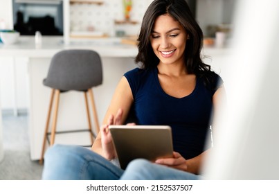 Beautiful Student Woman Learning Online On Computer At Home. Technology, Education Concept