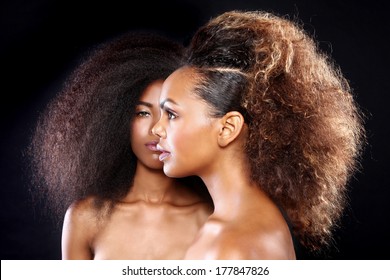Beautiful Stunning Portrait of Two African American Black Women With Big Hair