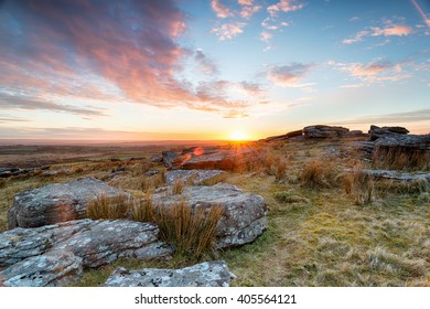 Beautiful Stunning Sunset Over Alex Tor In The Heart Of Bodmin Moor In Cornwall