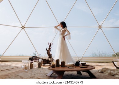 Beautiful Stylish Bride In A White Dress. Wedding In Boho Style.