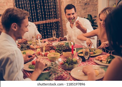 Beautiful Stylish Classy Elegant Cheerful Handsome Attractive People Sitting At Dinner Table, Tasting Fresh Homemade Dishes, Romance, House Festive, Family