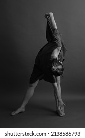 Beautiful And Stylish Portrait Of A Dancer, Dance In Motion, Plastic And Body Geometry On A Dark Background, Shot On A Film Camera