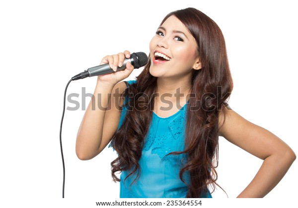 Beautiful Stylish Woman Singing Karaoke Isolated Stock Photo 235364554