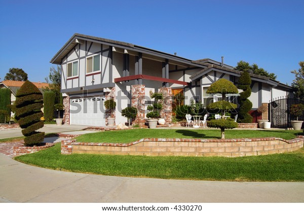 Beautiful Suburban House Decorative Shrubs Bushes Stock Photo