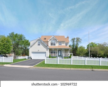 Beautiful Suburban Victorian Style Home White Picket Fence Residential District Neighborhood Sunny Blue Sky Day