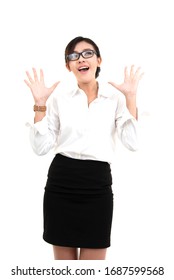 Beautiful success young asian business woman wearing glasses dress white collar without suit act wow and surprise happy gesture posing isolated on white background.