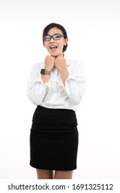 Beautiful success young asian business woman wearing glasses dress white collar without suit act smiling happy gesture posing isolated on white background.
