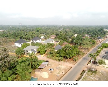 Beautiful summer in the African Igbo village - green forest view on the background of country houses