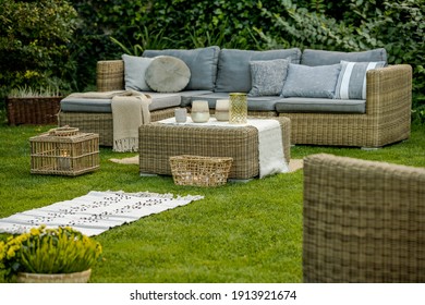 Beautiful Summer Day In Elegant Home Garden With Trendy Furniture