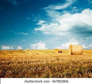 Beautiful Summer Farm Scenery With Haystacks. Field Landscape With Rolls And Sky. Agriculture Concept. Toned Photo With Copy Space.