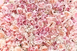 Schöne Sommerblumen Als Hintergrund. Blühende, Zarte Rosen Auf Blühendem Floralem Hintergrund, Pastellfarbene Und Weiche Blumenkarte.