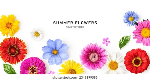 Beautiful summer garden flowers. Cosmos, aster, coreopsis, zinnia, daisy flower frame border isolated on white background. Creative layout. Flat lay, top view. Design element
