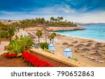 Beautiful summer holiday resort on EL Duque beach of Tenerife, Adeje coast of Canary Island in Spain