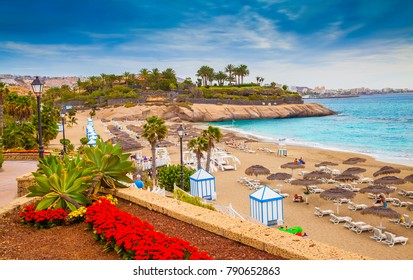 Beautiful Summer Holiday Resort On EL Duque Beach Of Tenerife, Adeje Coast Of Canary Island In Spain