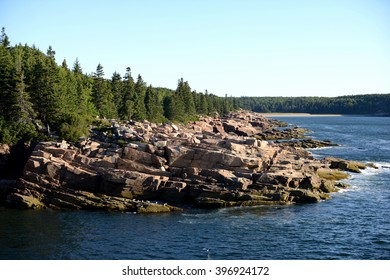 Beautiful Summer Image Of Acadia National Park In Maine With Rocks, River And Mountains