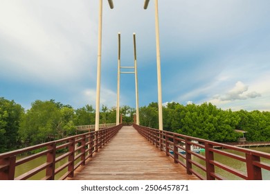 Beautiful  summer  landscape  with  long  wooden  brigde  and  mangrove  forest  surrounded  at  Paknam  district,famous  attractions  landmark,Rayong  Provnce,Thailand - Powered by Shutterstock