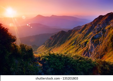 Beautiful Summer Landscape In The Mountains With The Sun At Dawn