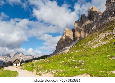 Beautiful summer mountain landscape with little church in Italian Alps, Dolomites. Tre Cime di Lavaredo peaks in Dolomiti, Italy. Travel destination - Powered by Shutterstock