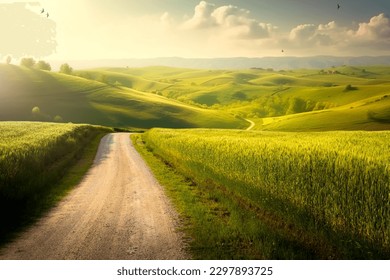 Beautiful summer mountain rural landscape; Panorama of summer green field with dirt road and Sunset cloudy sky.