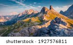 Beautiful summer scenery. Splendid sunrise in Tre Cime Di Lavaredo National park. Panoramic summer view of rifugio Locatelli in Dolomiti Alps, South Tyrol, Italy, Europe. Traveling concept background.