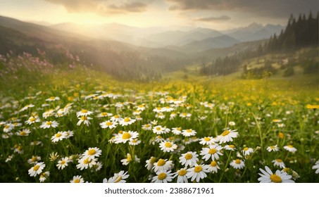 Beautiful summer spring mountain scenery with a clearing of daisies in the foreground. Natural morning landscape. - Powered by Shutterstock